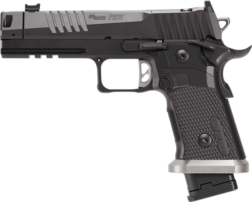 Black and gray semi-automatic pistol with textured grip
